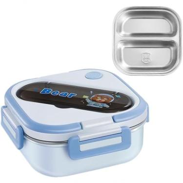 Imagem de Kit Lancheira Escolar Infantil Térmica com Marmita Inox Bento Box Antivazamento para Lanche Azul