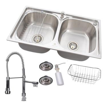 Imagem de Kit Cuba Dupla Gourmet Aço Inox com Acessórios 78x43cm Retangular de Embutir e Sobrepor Acetinado Escovado Inox OEM