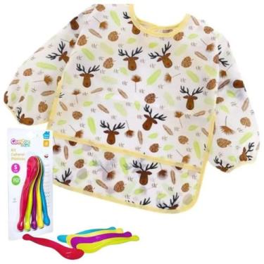 Imagem de Babador manga longa BLW Alce / Kit Colheres Coloridas Contac - Baby