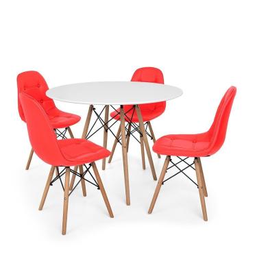 Imagem de Conjunto Mesa Eiffel Branca 80cm + 4 Cadeiras Dkr Charles Eames Wood Estofada Botonê Vermelha