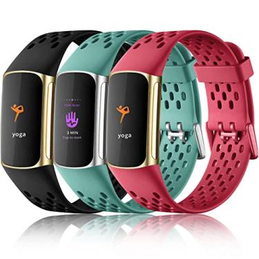 Imagem de Maledan Pulseiras Esportivas Macias à Prova D'água Compatíveis com Fitbit Charge 5/Charge 6, Preta/Verde Pinho/Vermelho
