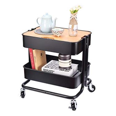Imagem de Mesa lateral de armazenamento de carrinho de rodinhas de metal de 2 camadas com placa de cobertura para organização de escritório, casa e cozinha, preta