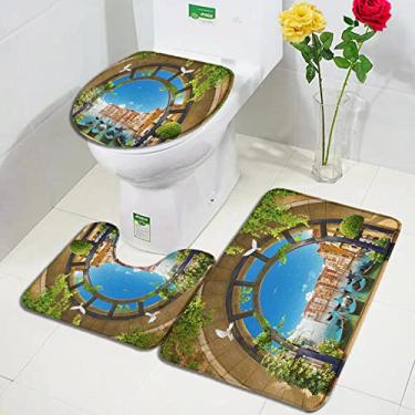 Imagem de Conjunto de tapetes de banho Palm Tree Beach Cenário do oceano Tapete de porta de flanela decoração de banheiro antiderrapante tapete de cobertura de vaso sanitário, 10347J, conjunto de 3 peças, 75x45cm, 29.5x17.7in