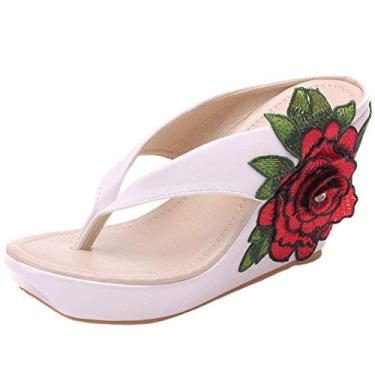 Imagem de A shoe store Sandália feminina plataforma sem salto flor grosso, Mais branco, 7