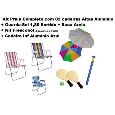 Imagem de Kit 02 Cadeira Alumínio + Cadeira inf Azul + Guarda-Sol 1,80 + Saca Areia + Kit Frescobol