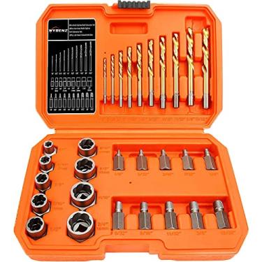 Imagem de WYBENZ Conjunto de extrator de parafuso e parafuso e kit de broca esquerda, conjunto de soquete de extração de porca de parafuso quebrado fácil para danos, congelados, parafusos, porcas e parafusos (29 peças)