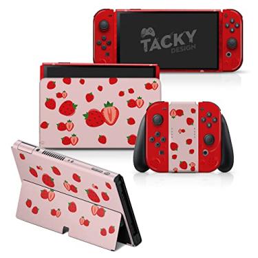Imagem de Tacky Design Pele de morango compatível com Nintendo Switch OLED Skin – Conjunto de adesivos OLED Nintendo Switch rosa de vinil 3M – Película OLED Switch para console, Dock, Joy Con Wrap – Decalque Full Wrap