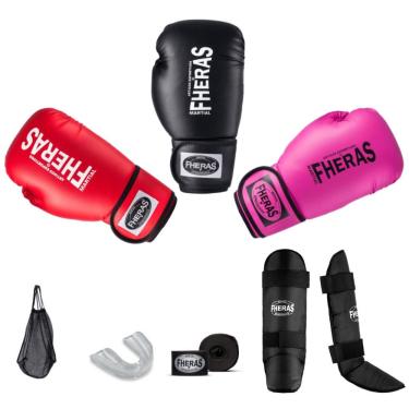 Imagem de Kit Profissional Fheras Luva Boxe Muay Thai Bandagem Bucal Caneleira E Bolsa