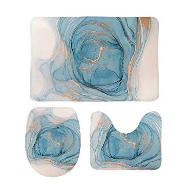 Imagem de My Daily Conjunto de 3 peças de tapete de banheiro arte abstrata azul dourado mármore moderno tapete contorno, tampa de vaso sanitário, tapete antiderrapante para banheiro