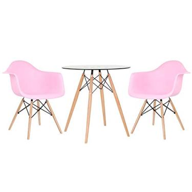 Imagem de Loft7, Mesa redonda Eames com tampo de vidro 70 cm + 2 cadeiras Eiffel DAW Rosa claro