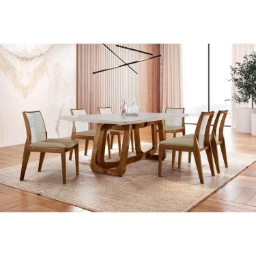 Imagem de Mesa de Jantar Tampo de Madeira com 6 Cadeiras Genova Cinamomo Imbuia/Off White