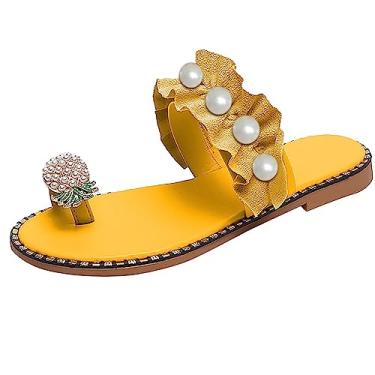 Imagem de Sandálias femininas de pérolas falsas abacaxi decoração plissado guarnição sandálias de férias verão sandálias planas sandálias femininas tamanho 6, Amarelo, 7.5