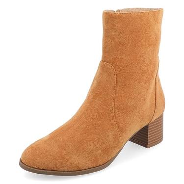 Imagem de Journee Collection Botas femininas Tru Comfort Foam de largura média e larga Hayven com salto bloco empilhado bico amêndoa, Conhaque largo, 10 Wide