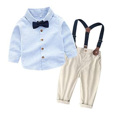Imagem de Roupas infantis meninos com estampas listradas camisetas calças infantis roupas de cavalheiro bebê menino gravata borboleta, Azul, 18-24 Months