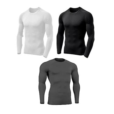 Imagem de Kit 3 Camisetas Masculinas Segunda Pele Térmica Proteção Solar Uv 50+ Manga Longa Dry Fit (P, Branco/Chumbo/Preto)