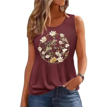Imagem de Camiseta regata feminina de verão, sem mangas, estampa de flores vintage, boêmio, cottagecore flores silvestres, G-vinho tinto, P