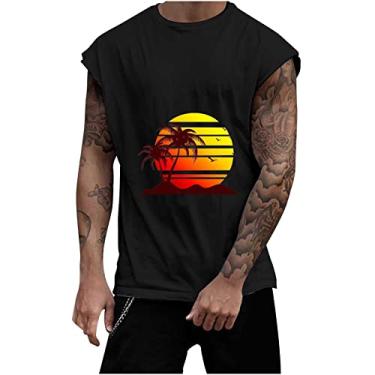 Imagem de Track Gym Coletes de praia masculinos verão outono gola redonda sol gráfico havaiano camiseta regata tropical masculina 2024, B-072 Preto, GG