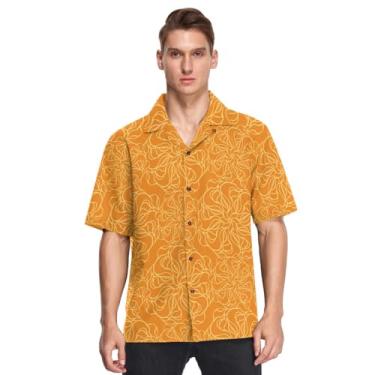 Imagem de Camisa masculina havaiana abotoada manga curta dia dos namorados flores estilizadas laranja moda urbana camisas de vestir, Flores estilizadas para Dia dos Namorados laranja, XXG