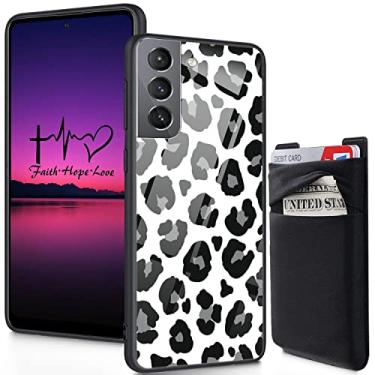 Imagem de FGDRFGRW Carteira adesiva para cartão de telefone, parte traseira de vidro temperado com capa protetora de choque de silicone macio para Samsung Galaxy S23 6,1 polegadas (2023), estampa de leopardo preto e branco