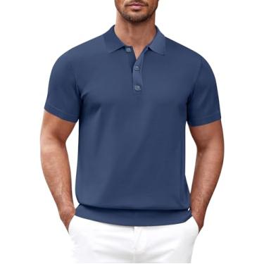 Imagem de Camisa polo masculina de malha casual manga curta clássica básica abotoada camisas de golfe, Azul marinho, GG