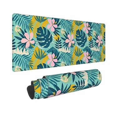 Imagem de Mouse pad grande para jogos, flores fofas folhas tropicais Xl mousepad, base antiderrapante longa tapetes de teclado floral para computador para mesa para mulheres e meninas decoração de escritório escolar, (verde rosa, 70 x 28 cm)
