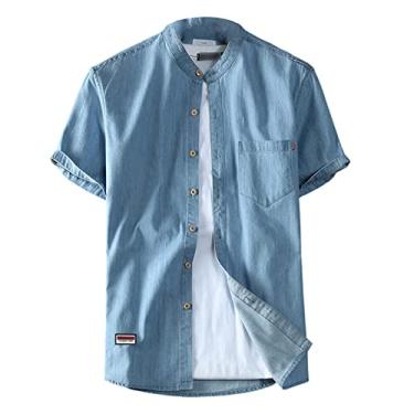 Imagem de Camisa masculina jeans de algodão manga curta gola alta caimento solto top com bolso, Azul claro, 8G