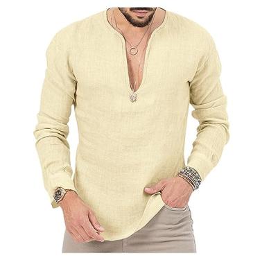 Imagem de Camiseta masculina de manga comprida, gola V profunda, cor sólida, algodão, linho, camiseta, Bege, M