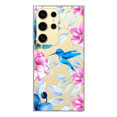 Imagem de Blingy's Capa para Samsung Galaxy S24 Ultra, design de pássaro floral fofo para mulheres e meninas, linda flor, estilo animal, transparente, macio, TPU (beija-flor)