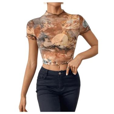 Imagem de Milumia Camisetas femininas de malha com estampa floral, manga curta, gola redonda, acabamento em alface, transparente, Caqui, G