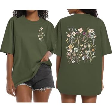 Imagem de Wrenpies Camiseta feminina com estampa floral boêmia, vintage, flores silvestres, cottagecore, jardins, amantes do jardim, Verde militar, P