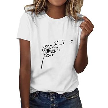 Imagem de Duobla Camisetas femininas de verão 2024, casuais, floral, boêmio, estampadas, manga curta, gola redonda, linda blusa moderna de girassol, A-3-bege, G