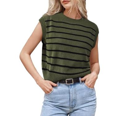 Imagem de Camisetas femininas tricotadas listradas, manga cavada, gola redonda, caimento solto, túnica, camiseta de verão para sair, Verde, XXG