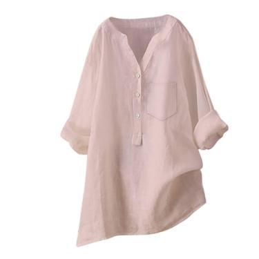 Imagem de Camisetas femininas de linho de algodão manga curta casual gola redonda estampa floral cor sólida solta verão boho tops, rosa, M