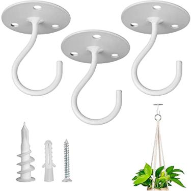 Imagem de Ganchos de teto para pendurar plantas – Cabides de metal resistentes para pendurar comedouros de pássaros, plantadores, sinos de vento, incluem âncoras profissionais de drywall (pacote com 3 (branco)