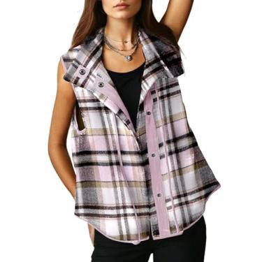 Imagem de Dokotoo Colete xadrez feminino lapela abotoado sem mangas camisa de flanela casual túnica jaqueta Shacket, rosa, XXG