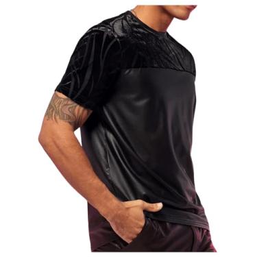 Imagem de GORGLITTER Camiseta masculina de manga curta com emenda de poliuretano, camisa de veludo, Preto, G