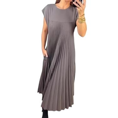 Imagem de LZIALBM Vestido longo feminino plissado de verão 2024 casual manga cavada caimento solto vestidos longos com bolsos, Cinza, P