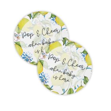 Imagem de Pop and Cheer When Baby is Here Lemon Hang Tag | 30 unidades, círculo, fruta, flora folhas, vegetação, meninas, cartões, adesivos, modernos, minimalistas, champanhe, etiquetas, barbante
