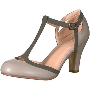 Imagem de Brinley Co. Sapato feminino corte redondo bico em T tira em T dois tons fosco Mary Jane cinza, 38 largura EUA, Cinza, 8 Wide