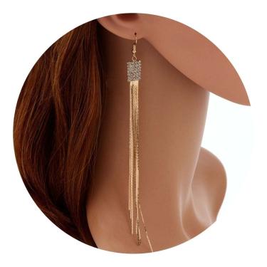 Imagem de Brincos Femininos Longo Franja Festas Mulher Glamour Luxo