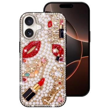 Imagem de Erolagomat Capa brilhante para iPhone 16 Plus, capa de telefone de designer de luxo brilhante com glitter brilhante diamante strass lábios batom flores pérolas salto alto, capa amortecedora macia para
