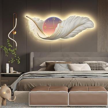 Imagem de Parede de penas grandes para decoração de sala de estar, arte de parede de penas com luz noturna, resina 3D, arte de parede de asas grandes, escultura de parede, lâmpada de suspensão de pare