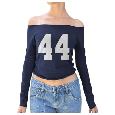 Imagem de BEAUDRM Camisetas femininas com estampa de letras, ombros de fora, casual, manga comprida, caimento justo, Azul, P