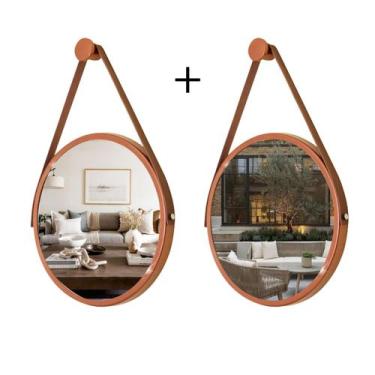 Imagem de Kit 2 Espelhos Redondo Decorativo Suspenso Alça 50cm + suporte Cobre A