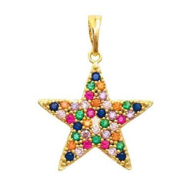 Imagem de Medalha Pingente Estrela Zircônias Cravejadas Dourada Semijoia Folhead