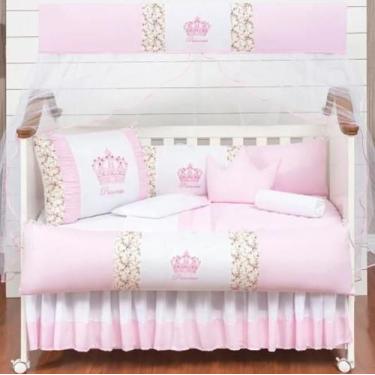 Imagem de Kit Berço 11 Peças Coroa Rosa Claro Saia Box + Mosquiteiro - Beatriz E