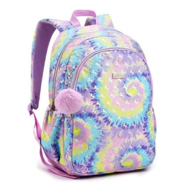 Imagem de Mochila Escolar Juvenil Feminina Tie Die Chaveiro Pompom Seanite, Rosa