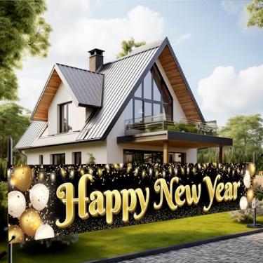 Imagem de XtraLarge Placa de Ano Novo Feliz Ano Novo - 30,5 x 50,8 cm, Banner Feliz Ano Novo 2023 | Decorações Feliz Ano Novo 2023 | Faixa de Feliz Ano Novo Preto e Dourado, Decorações NYE | Suprimentos de Festa de Véspera de Ano Novo