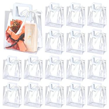Imagem de CZWESTC Pacote com 16 sacos de presente de plástico transparente 7 x 8 x 4 com alça, sacola de plástico de PVC transparente reutilizável sacola de embrulho de presente resistente (branco)
