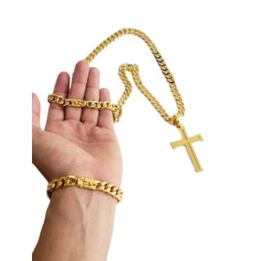 Imagem de Kit Cordão Pulseira Pingente Cruz 10mm PitBull Banhado Ouro - ToJoia18